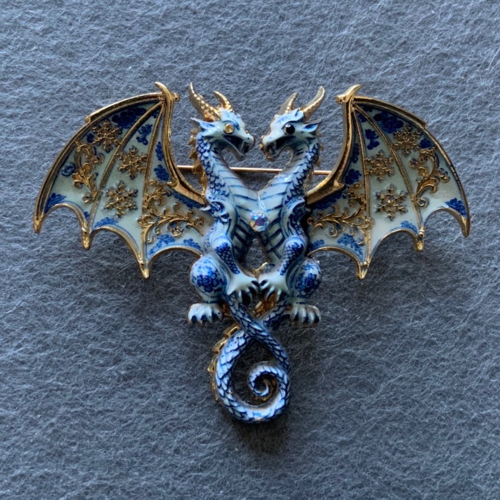 Blue White Enamel Twin Dragon Brooch Pin Gold Tone Fantasy Delft Style 3 Inch